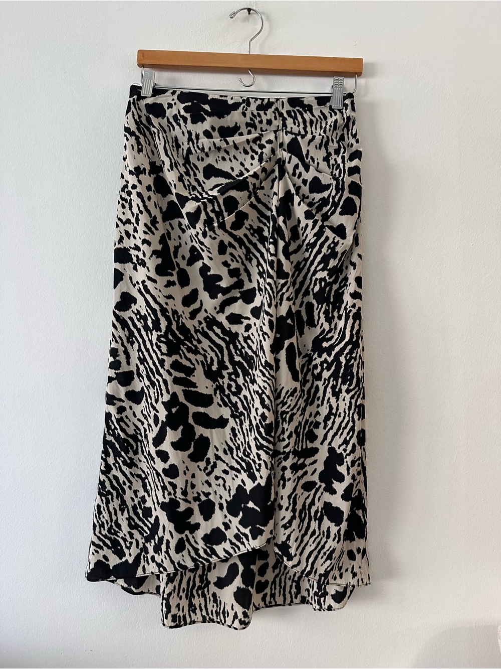 ba&sh Opera Animal Print Midi Skirt Size 2 Black Off-White Ruched Silk Blend